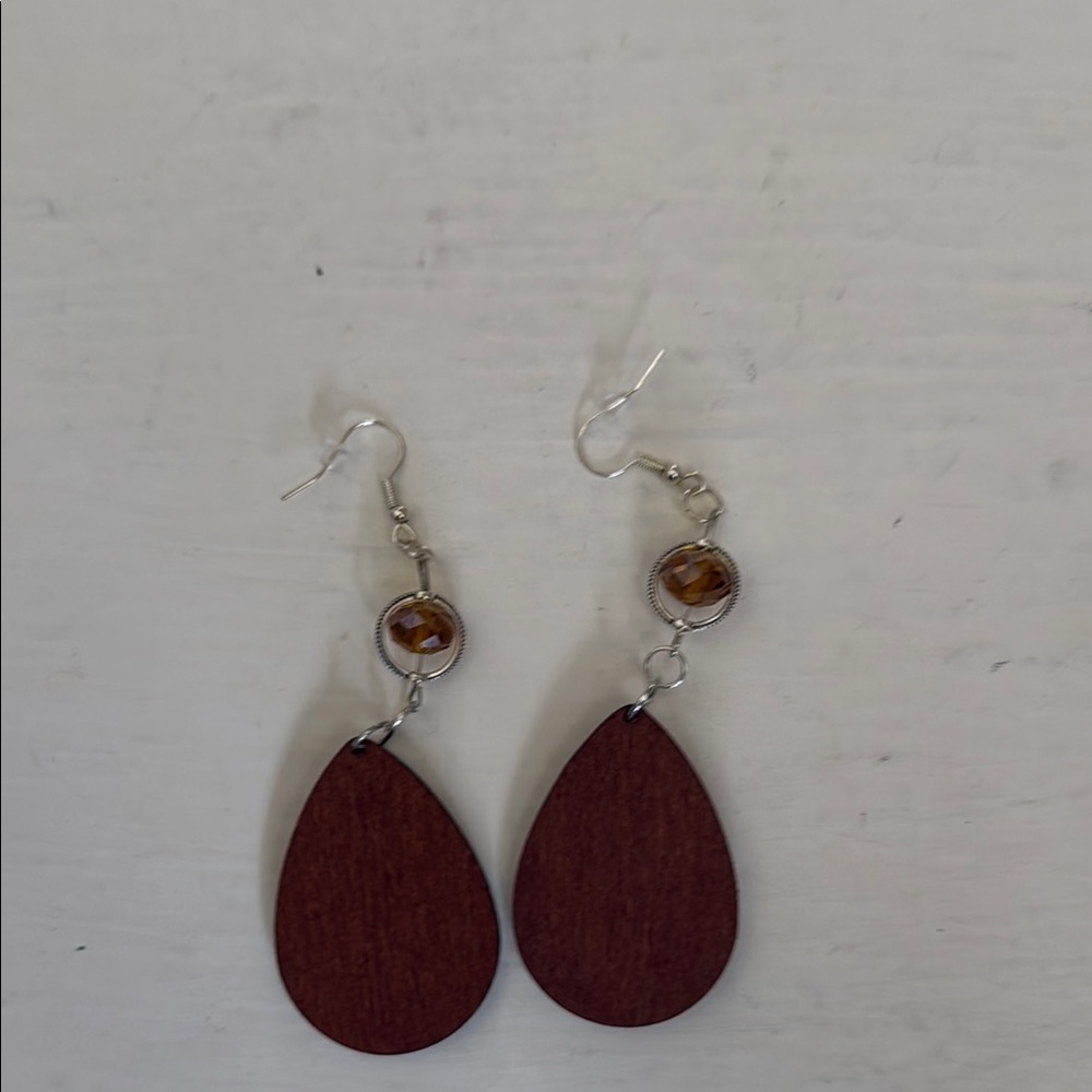 Brown and Silver Dangle Earrings Teardrop Design